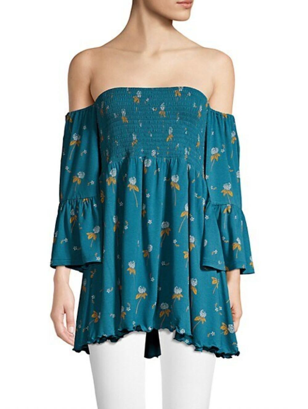 FREE PEOPLE Lana Teal Tunic Top Floral Smocked Off Shoulder Bell Sleeve Sz Large